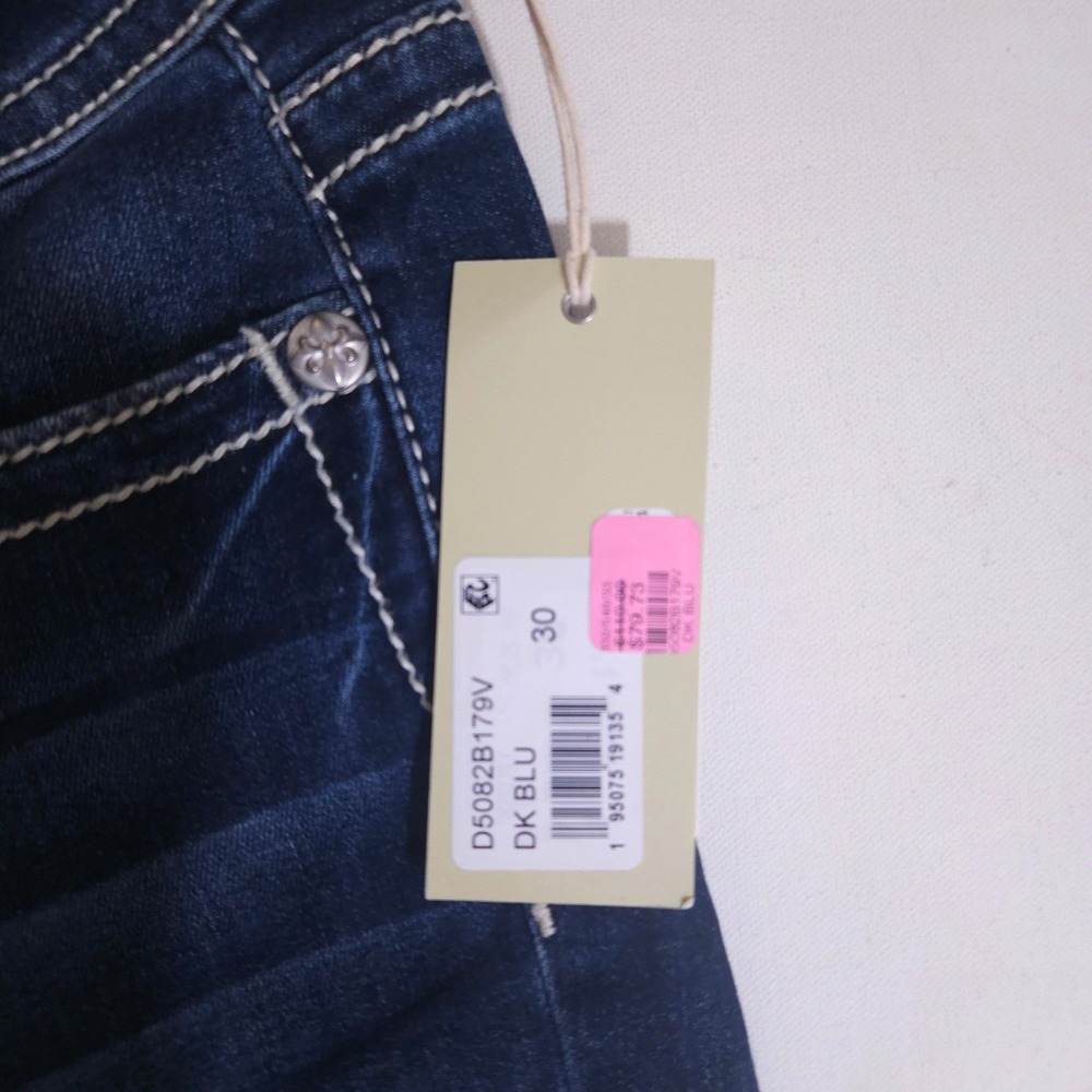 Miss Me Mid Rise Bootcut Jeans Dark Blue Sequin Embroidered Slim Fit 30x32 NEW - Picture 6 of 10